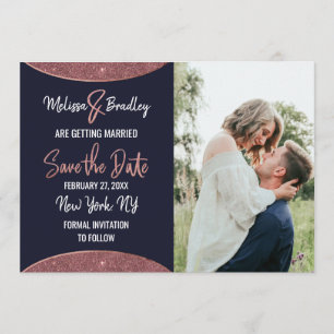 Invitación Circular Save the Date de Rosa Dorado Brillo Azul