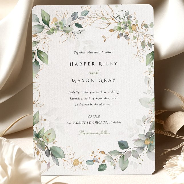 Invitación Círculo acuarela de amor Foliage de oro verde (Subido por el creador)