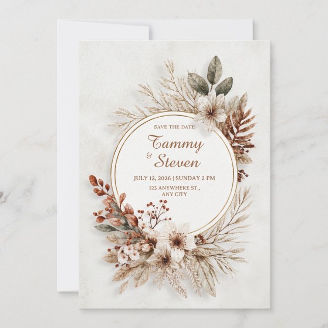 Invitación Círculo de Boda Dorado Terroso de Follaje Seco Tan (Anverso)