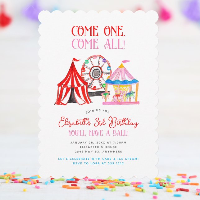 Invitación Círculo de Carnaval con mano corta Cumpleaños (Cute Hand Drawn Carnival Circus Birthday Invitation)