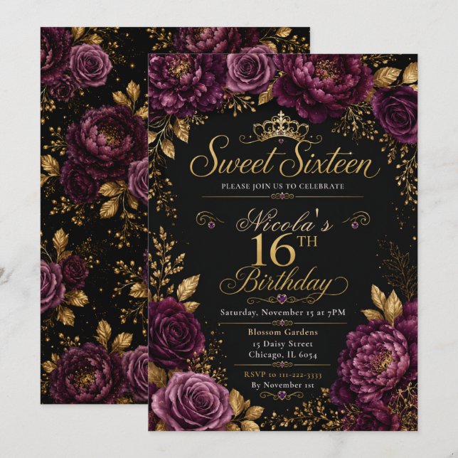 Invitación Circulo de Dulces Dieciséis de Ciruela y Oro (Anverso / Reverso)