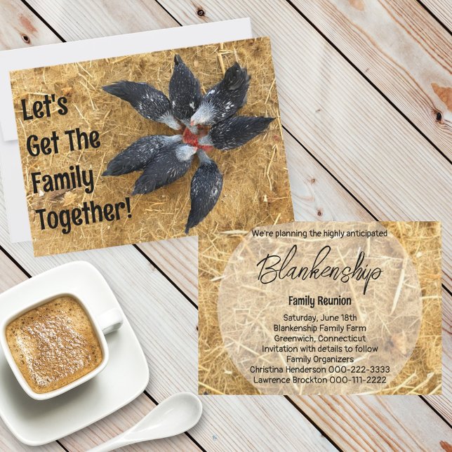 Invitación Círculo de gallinas negras y blancas comiendo sand (invitation front and back )