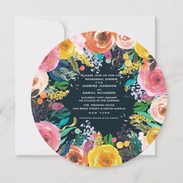 Invitación Círculo de la cena con ensayo de Wreath floral pin (Anverso)