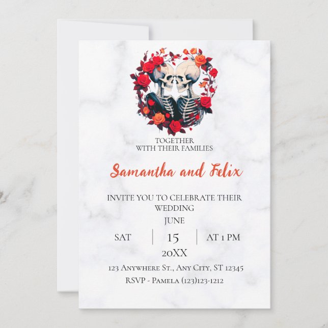 Invitación Círculo de Rosa Esqueleto Boda de Mármol (Anverso)