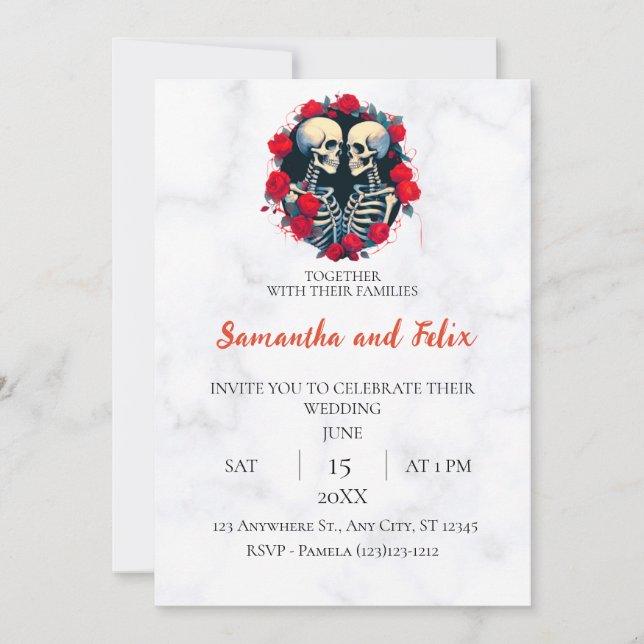 Invitación Círculo de Rosa Esqueleto Boda de Mármol (Anverso)
