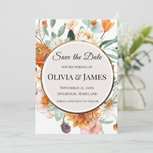 Invitación Círculo Dorado Floral de Otoño para Anunciar Boda