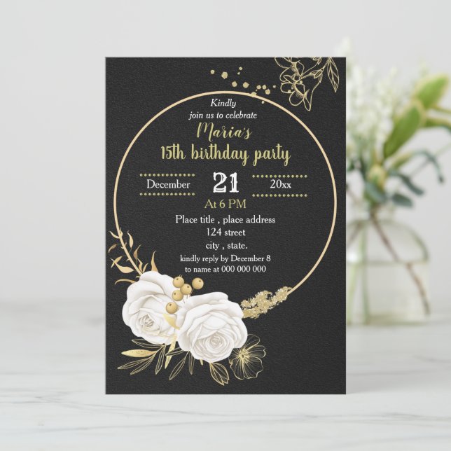 Invitación círculo floral blanco y dorado fiesta de cumpleaño (Anverso de pie)