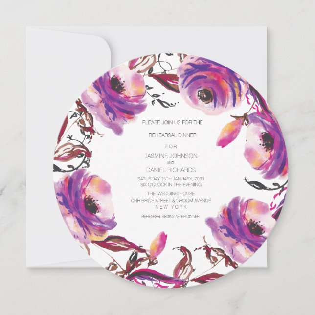 Invitación Círculo floral púrpura de la cena del ensayo de la (Anverso)