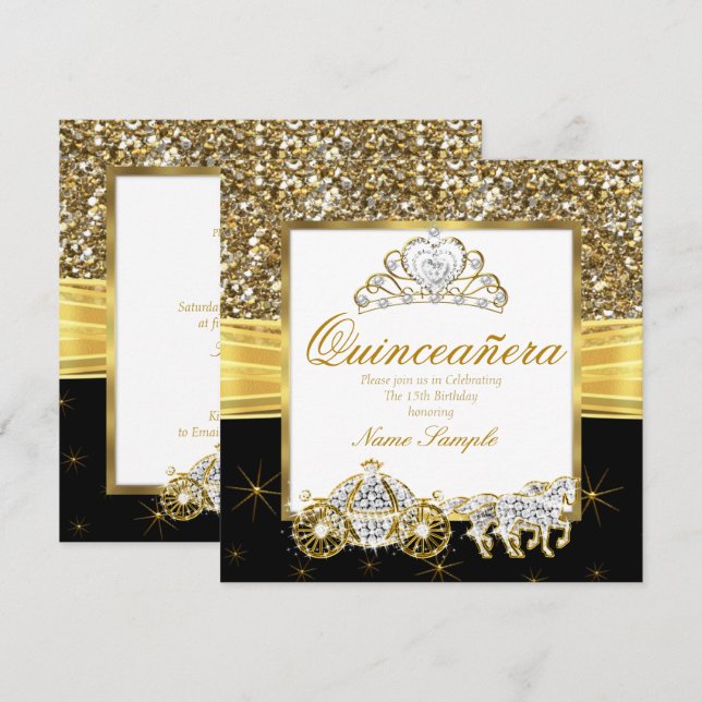 Invitación Círculo mágico Quinceanera de oro para caballos ne (Anverso / Reverso)