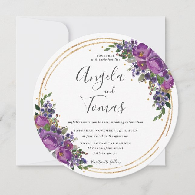 Invitación Círculo Purpurina de oro Boda floral de ciruela mo (Anverso)
