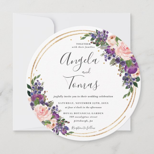 Invitación Círculo Purpurina de oro Boda morado de Rubor (Anverso)