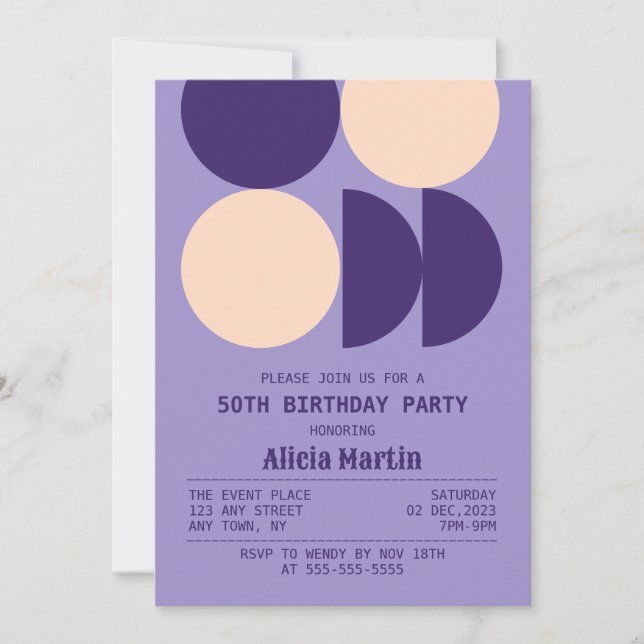 Invitación Círculo retro Patrón geométrico púrpura Cumpleaños (Anverso)