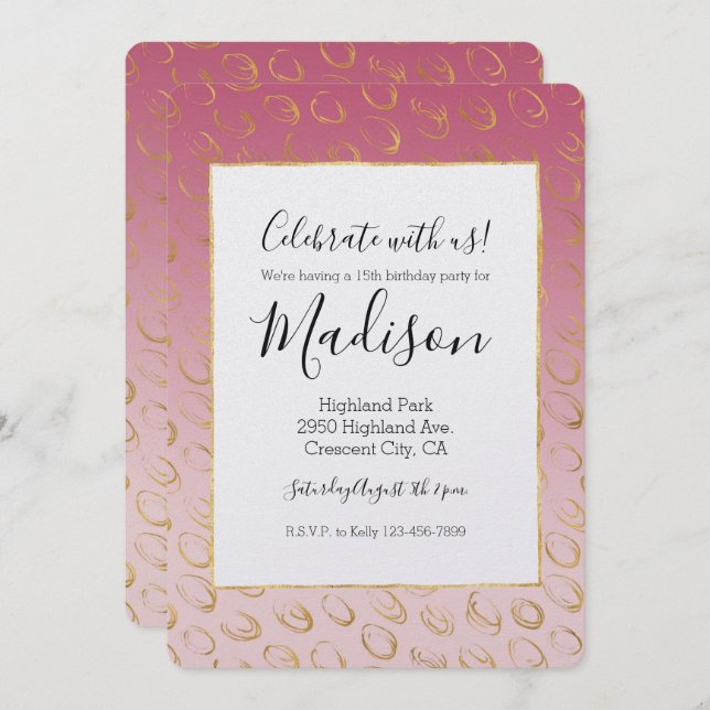 Invitación Círculos de Moda dorada rosada Cumpleaños (Anverso / Reverso)