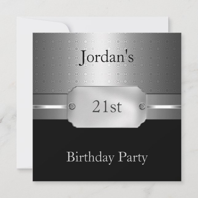 Invitación Círculos metalizado de plata negro cumpleaños masc (Anverso)