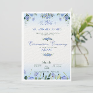Invitación Circuncisión Floral Azul Personalizable