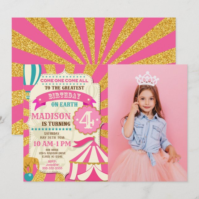 Invitación Circus Birthday Invitation Carnival Pink Gold  (Anverso / Reverso)