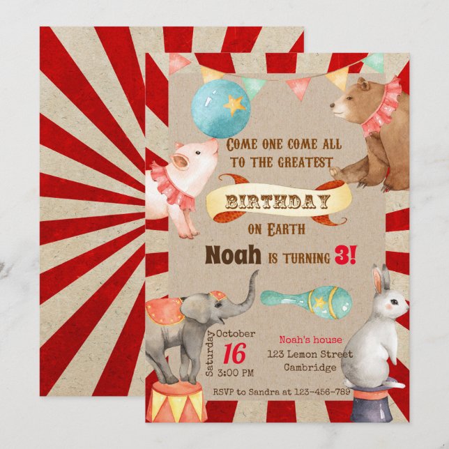Invitación Circus Birthday Invitation, Circus Invitation (Anverso / Reverso)