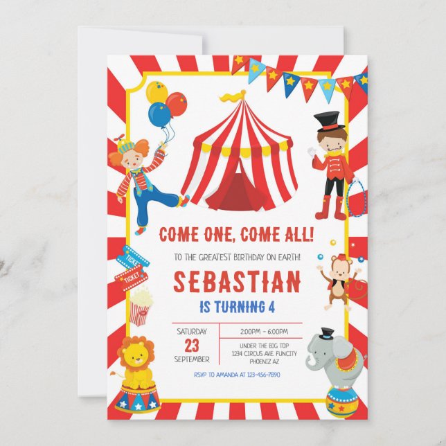 Invitación Circus Carnival Birthday Invitation (Anverso)