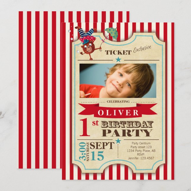 Invitación Circus Ticket 1.ᵉʳ cumpleaños | más espacio de dir (Anverso / Reverso)