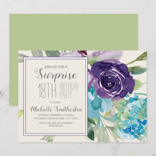 Invitación Ciruela Azul Púrpura Sorpresa Floral 18º Cumpleaño (Anverso / Reverso)
