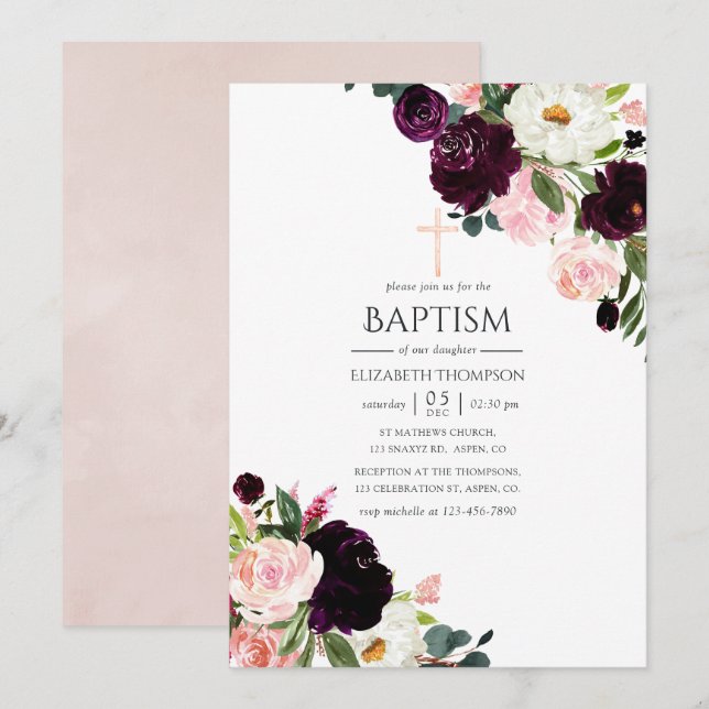 Invitación Ciruela borgoña y bautismo floral rosado Rubor (Anverso / Reverso)
