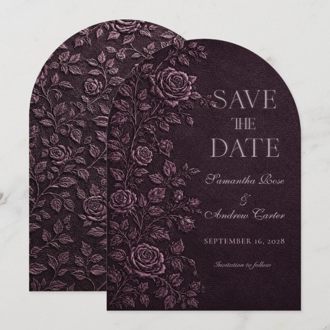 Invitación Ciruela Oscura Falsa Rosa Embossada Guardar la Fec (Anverso / Reverso)