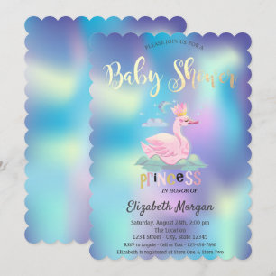 Invitación Cisne Adorable Corona Holográfica Baby Shower