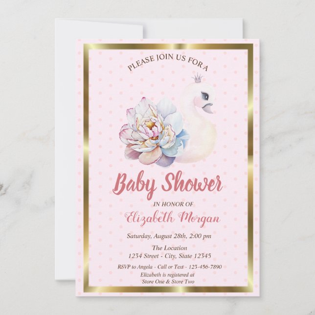 Invitación Cisne bebé, puntos de polka, Baby Shower floral (Anverso)