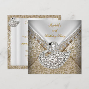 Invitación Cisne Beige Dorado Damasco Blanco Cumpleaños Elega