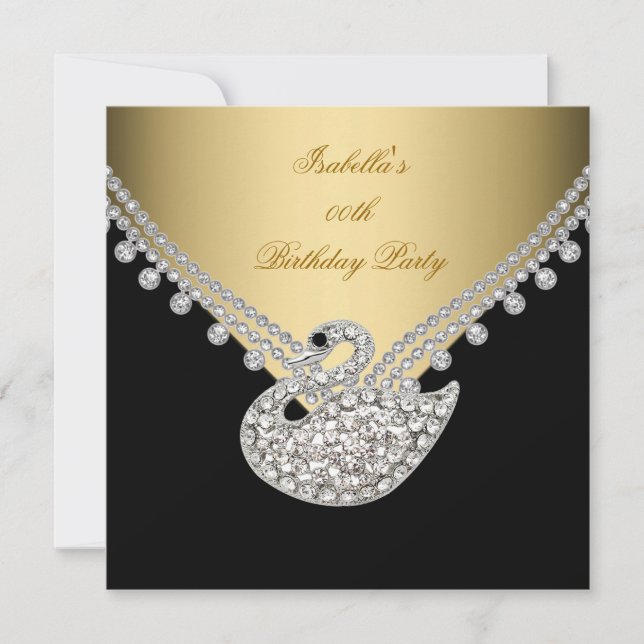 Invitación Cisne Blanco Negro Dorado Fiesta de Cumpleaños Ele (Anverso)
