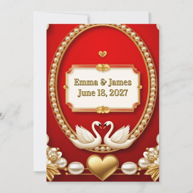 Invitación ✨ Cisne Blanco Romántico Boda Rojo Dorado 💖 (Anverso)