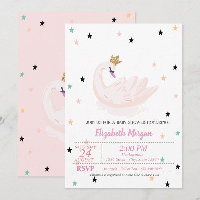 Invitación Cisne Chic, Estrellas, Fiesta de Princesa  Baby Sh (Anverso / Reverso)