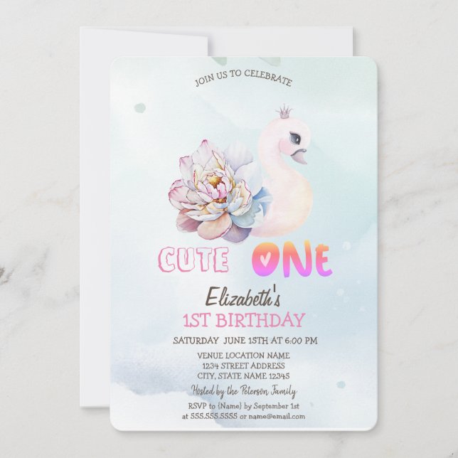 Invitación Cisne de Acuarela Flor 1º (Anverso)