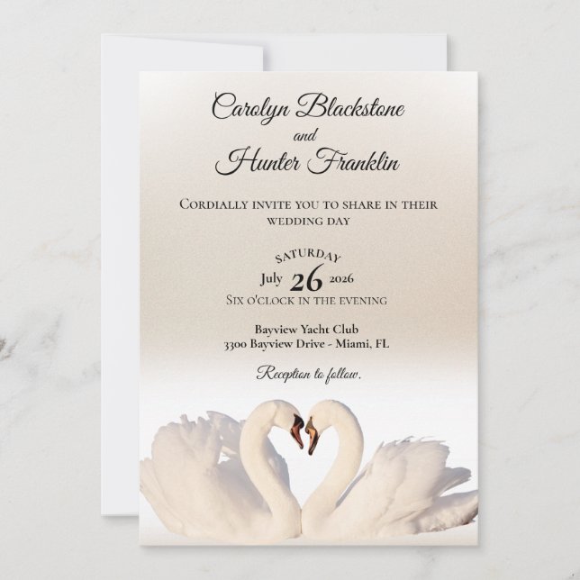 Invitación Cisne de amor en Boda blanco y crema (Anverso)