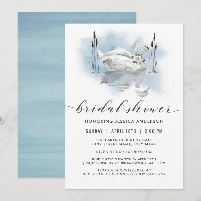 Invitación Cisne en la ducha de la novia acuarela del lago (Anverso / Reverso)