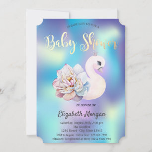 Invitación Cisne Floral Adorable Holográfico Baby Shower