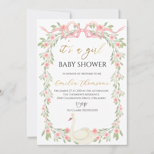 Invitación Cisne floral cutánea Rubor Cinta rosa Baby Shower (Anverso)