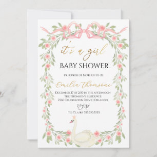 Invitación Cisne floral cutánea Rubor Cinta rosa Baby Shower