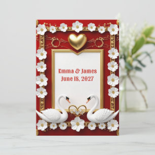 Invitación 🌹 Cisne Floral Dorado Rojo Decoración de Boda 🦢