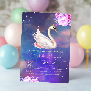 Invitación Cisne Floral Elegante y Lindo Baño de Bebé