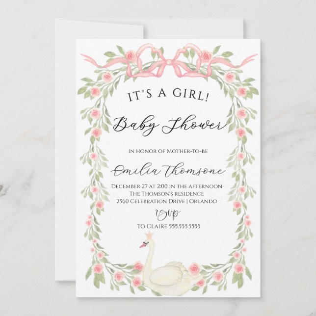Invitación Cisne floral Rubor Cinta rosa Baby Shower (Anverso)