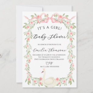 Invitación Cisne floral Rubor Cinta rosa Baby Shower