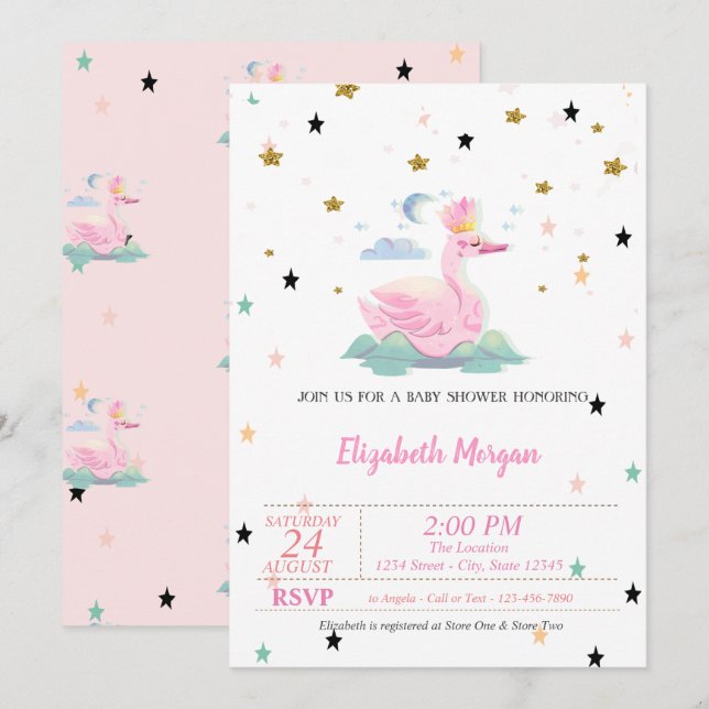Invitación Cisne lindo,Tiara, Estrellas, Fiesta de bebé Princ (Anverso / Reverso)