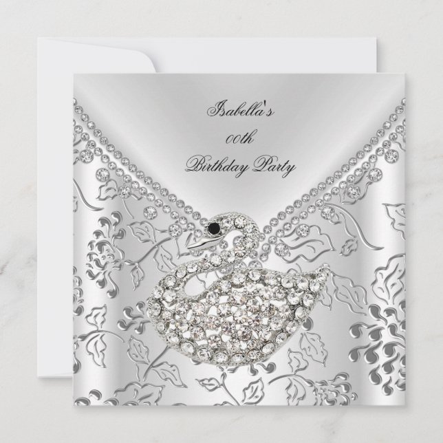 Invitación Cisne Plata Damasco Blanco Cumpleaños Elegante (Anverso)