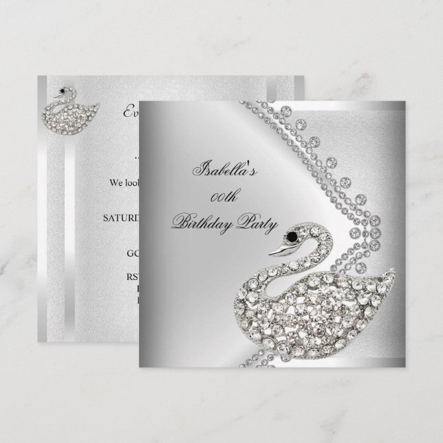 Invitación Cisne Plateado Blanco Fiesta de Cumpleaños Elegant (Anverso / Reverso)