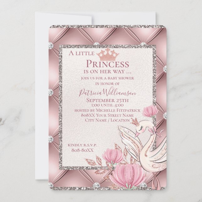 Invitación Cisne Princesa sobre rosa glamoroso con diamantes (Anverso)