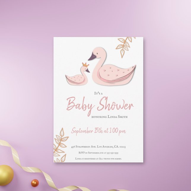 Invitación Cisne rosa dulce con Baby Shower Chica de la Coron (Subido por el creador)