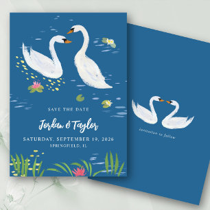 Invitación Cisnes Acuarela Románticos Salva la Fecha Azul