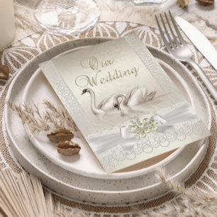 Invitación Cisnes blancos de boda beige Encaje Perla Foto
