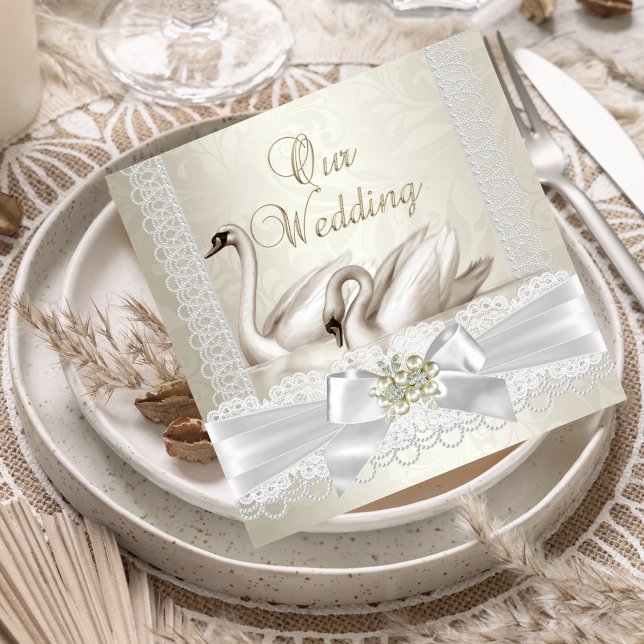 Invitación Cisnes Blancos de Boda Crema Perla Encaje Damask S (Subido por el creador)